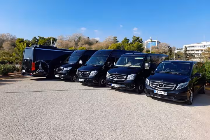 Fleet of Mercedes minivans for private Piraeus Port and Athens hotel to Athens Airport transfer service