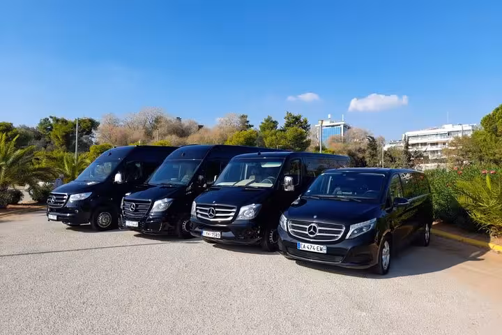 Fleet of Mercedes vans for Piraeus Port and Athens hotel to Athens Airport private transfer service