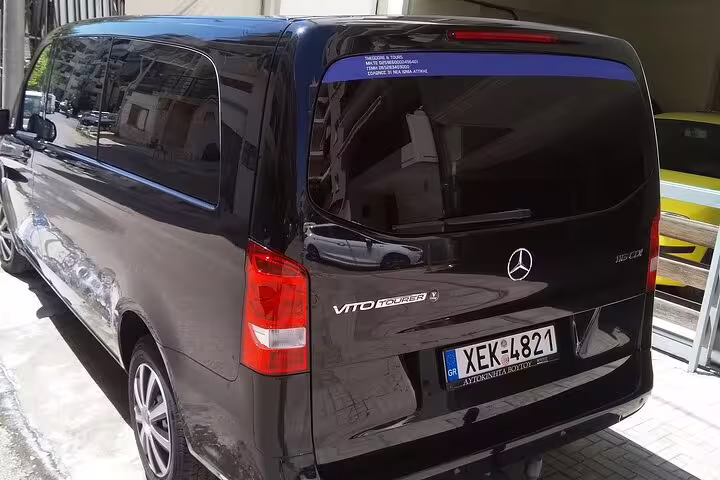 Rear view of Mercedes Vito Tourer used for private transfer from Piraeus cruise port to Athens centre
