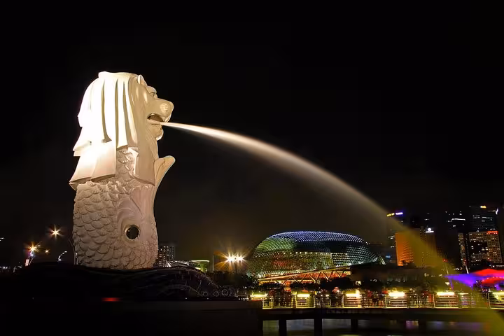 Merlion Park night view in Singapore, a popular stop after Changi Airport private transfer with city lights