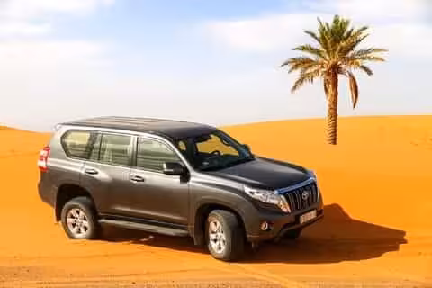 4x4 vehicle parked on golden dunes near a palm tree in Merzouga for an exhilarating desert tour experience.