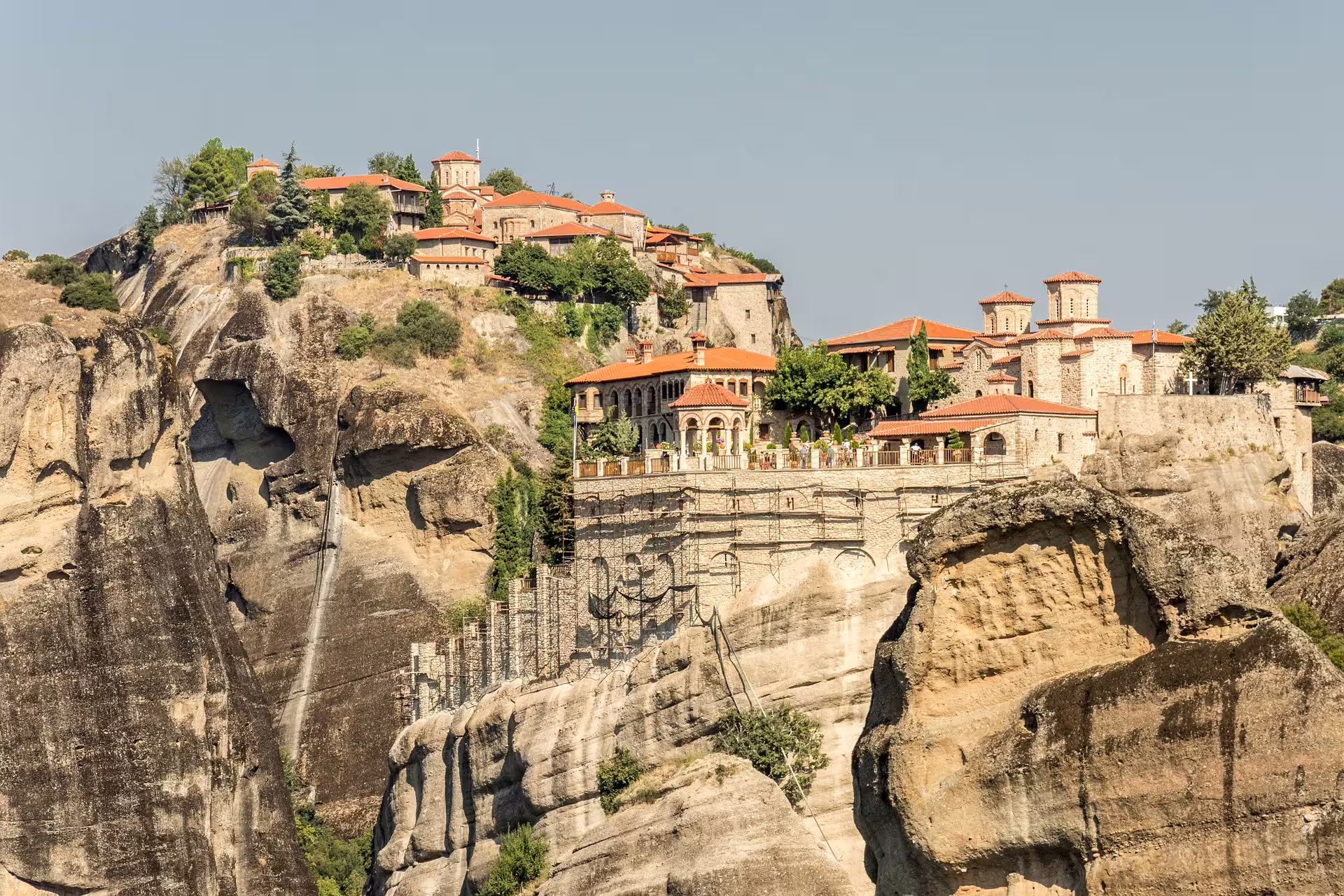 Panoramic view of Meteora cliff-top monastery complex near Kastraki, on 2-day private tour from Athens