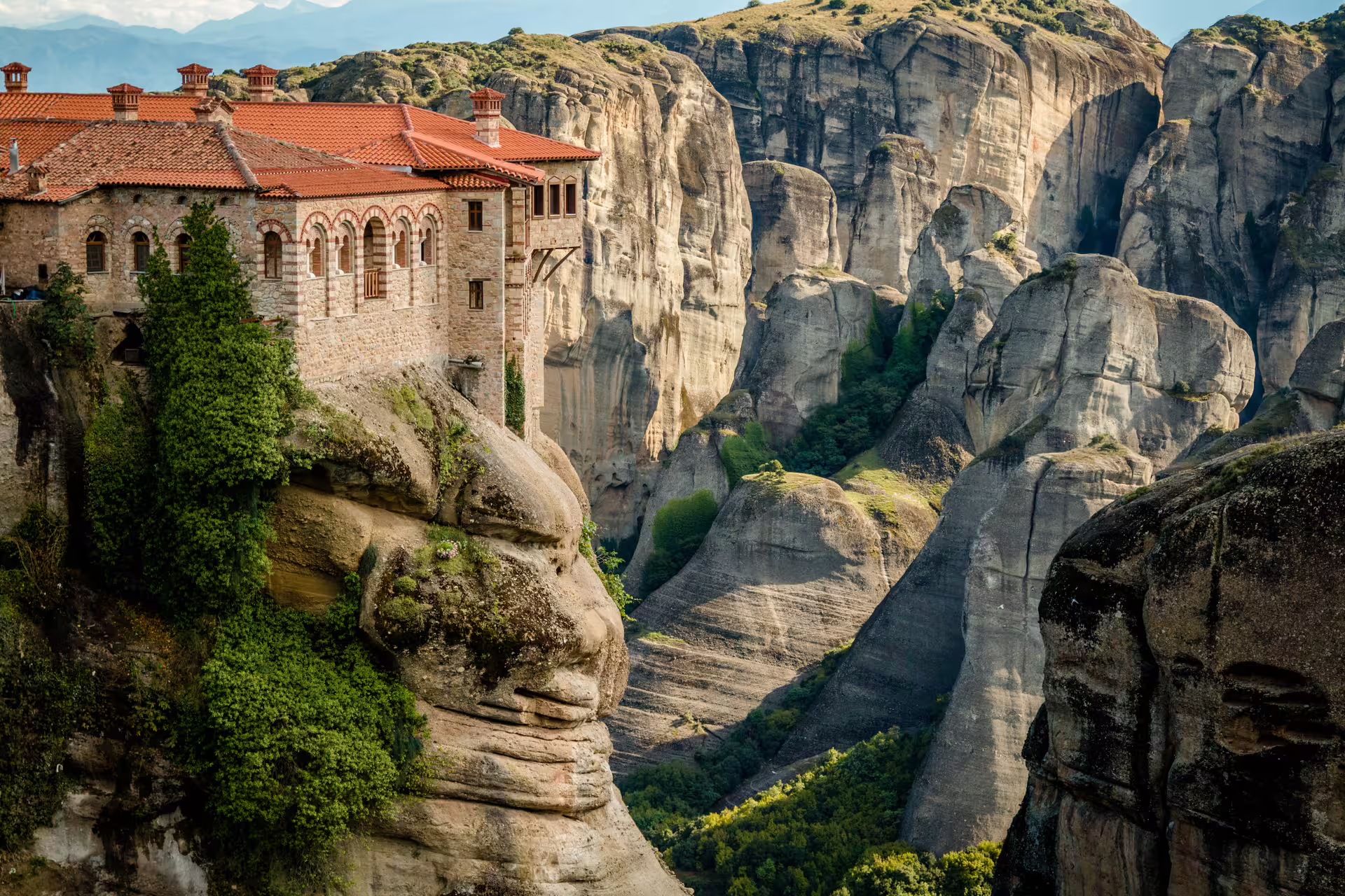 Close-up of Meteora monastery on towering cliffs, highlight of a 2-day private Athens tour with Kalambaka overnight