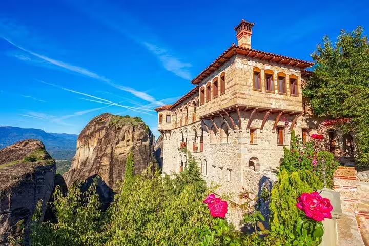 Meteora cliffside monastery and rock pillars on private day trip from Athens with dinner included