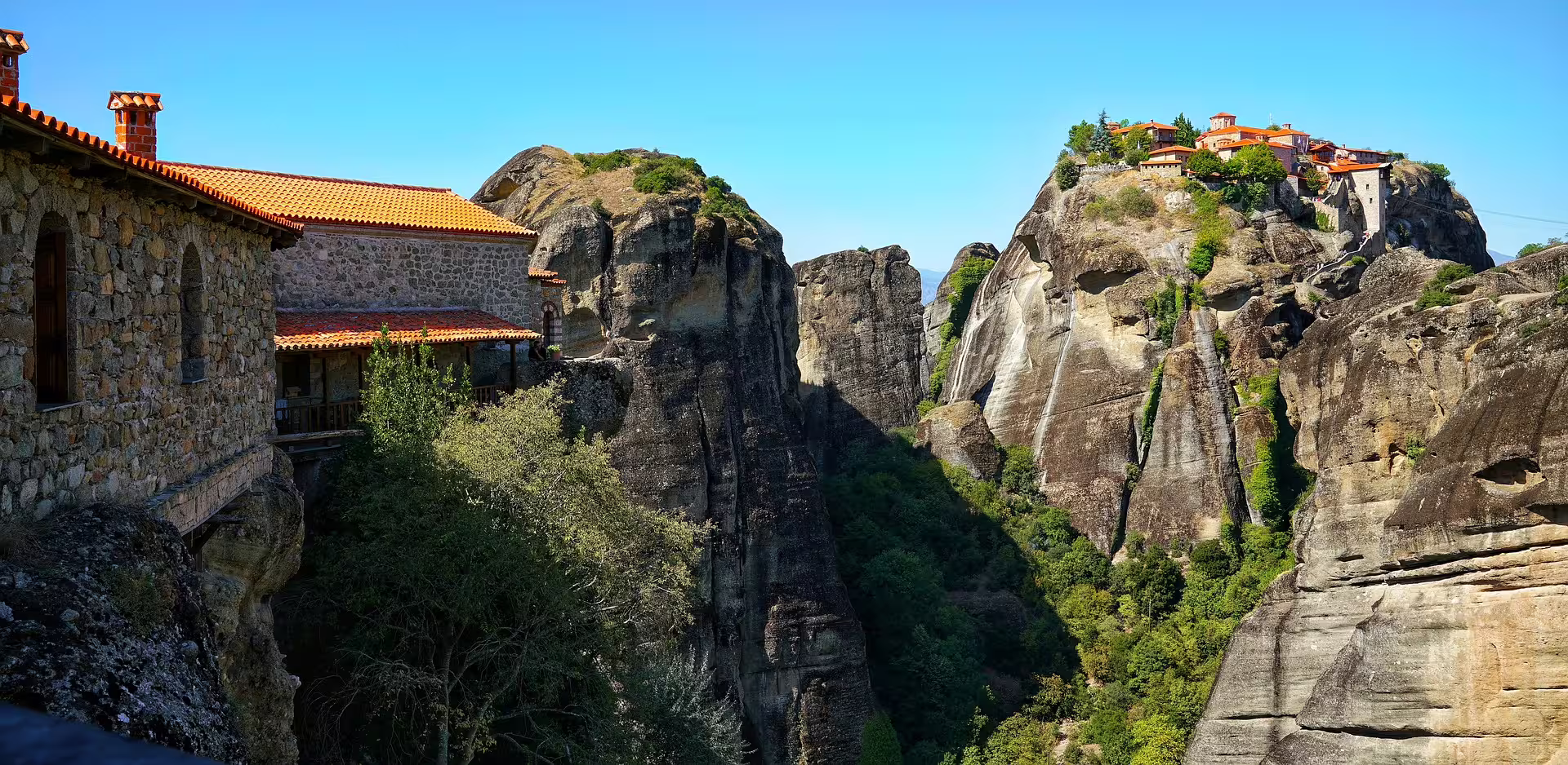 Meteora cliffside monastery and dramatic rock pillars on a 2-day private tour from Athens with overnight in Kalambaka