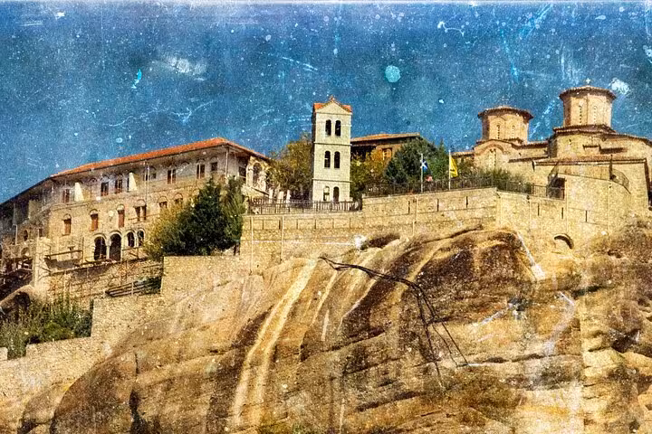 Close-up of Meteora monastery complex on rocky cliff, stop on full-day private tour from Athens