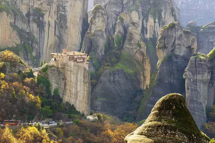 Meteora monastery perched on towering sandstone cliffs, scenic stop on a full-day private tour from Athens