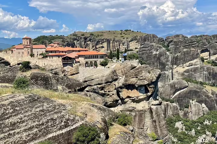 Close view of Meteora monastery complex on rugged sandstone rocks, Greece, on a full-day private tour with views