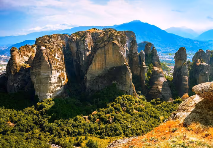 Panoramic Meteora rock formations and valley scenery, a highlight of the 4-day Classical Greece tour from Athens