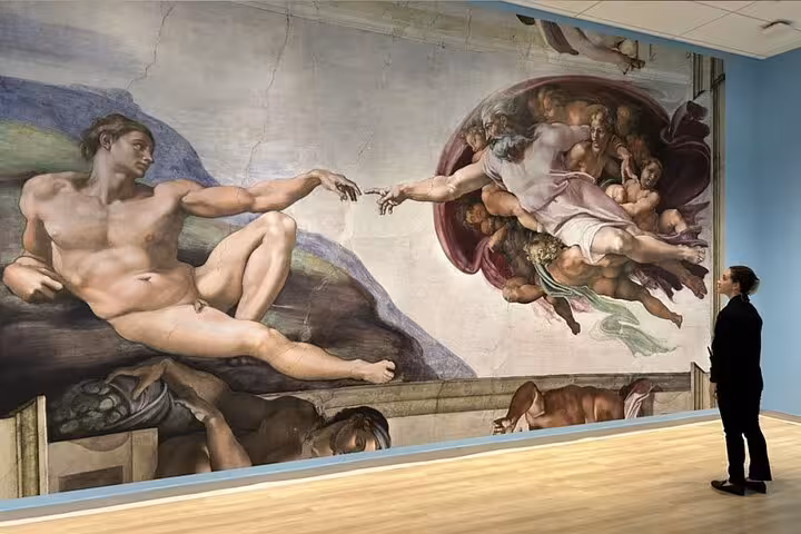 Visitor admires Michelangelo's Creation of Adam in the Sistine Chapel during a private tour.
