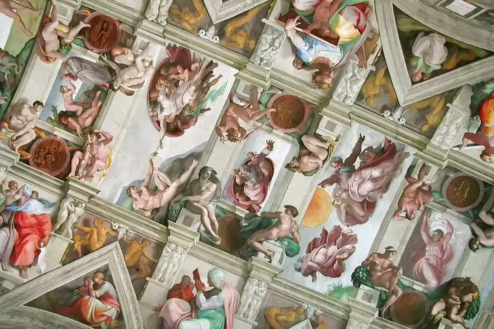 Detailed view of Michelangelo’s painted vault in the Sistine Chapel, featured on exclusive Rome Colosseum and Vatican tours