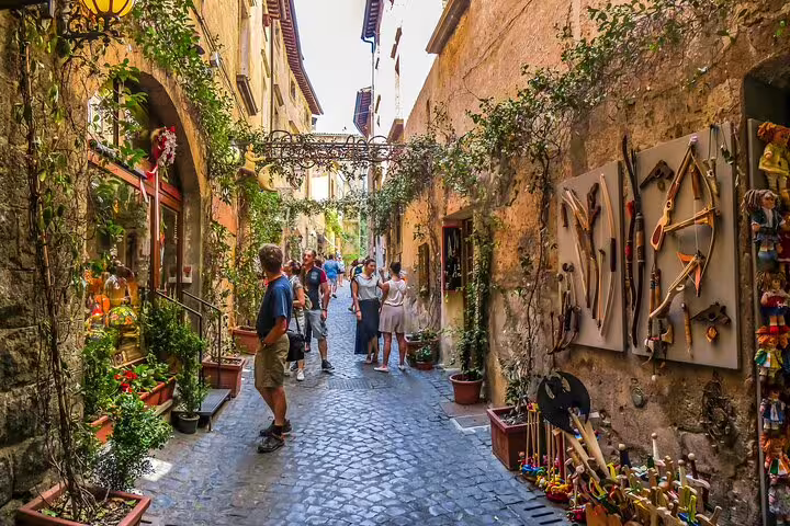 Charming cobblestone street in Milan with tourists exploring quaint shops and lush greenery on a private 2-hour tour.