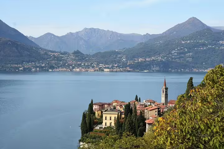 Panoramic Lake Como view with Bellagio-style village and church tower, Milan to Lake Como private day trip