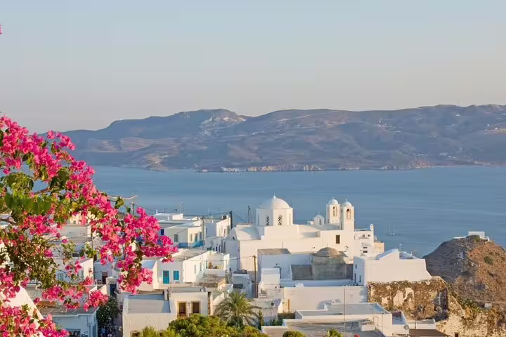 Scenic view of Milos with vibrant pink flowers, whitewashed buildings, and a serene sea backdrop, ideal for a sunset motorboat tour.