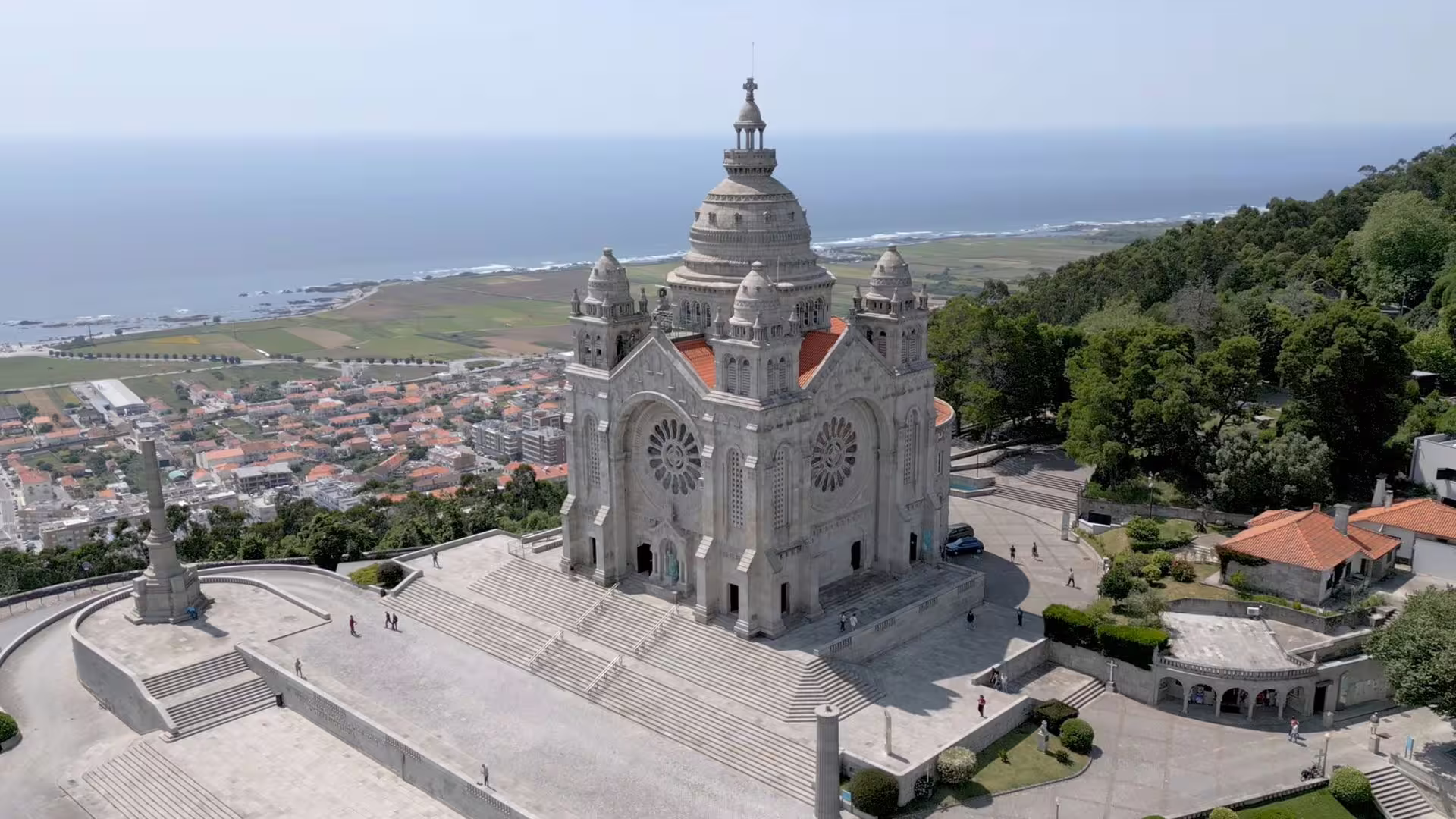 Aerial view of Sanctuary of Santa Luzia with ocean backdrop in Minho, Portugal.