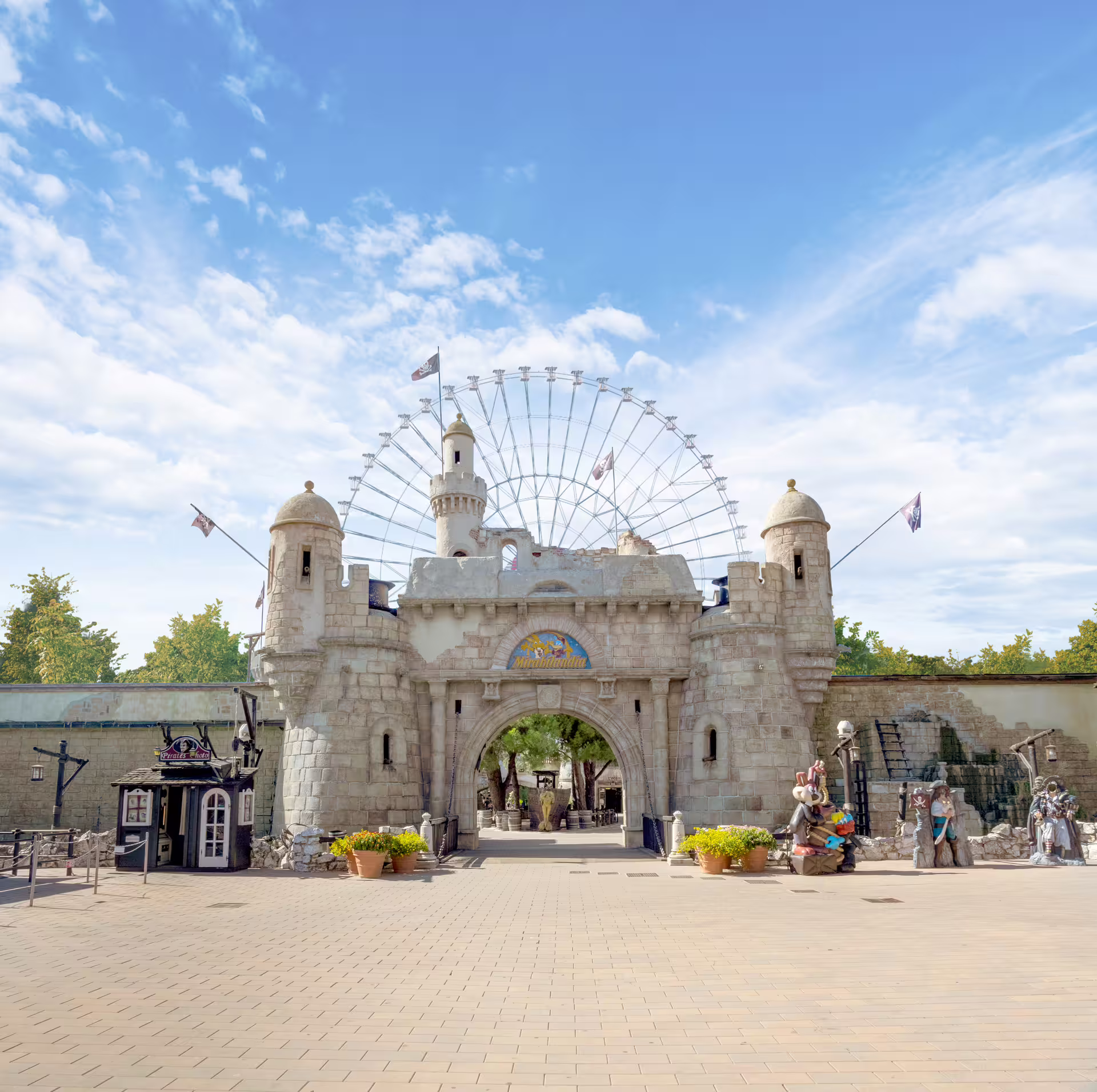 Mirabilandia park entrance castle with Ferris wheel, entry ticket plus Maranello Ferrari Museum visit