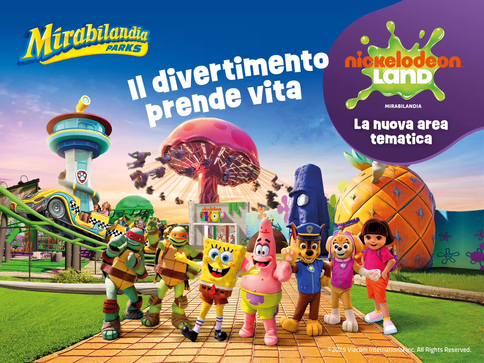 Mirabilandia Nickelodeon Land poster with family attractions and characters, open-date entry ticket Italy