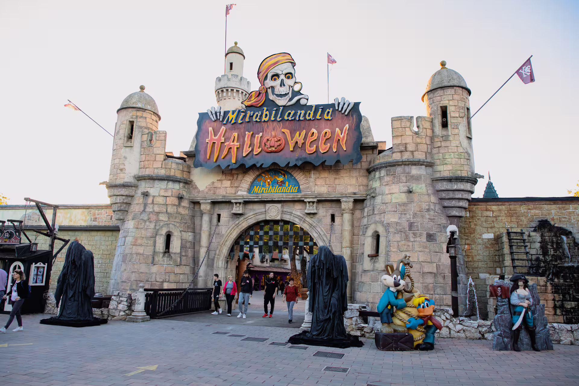 Mirabilandia park entry gate in Ravenna during Halloween, included with Maranello Ferrari Museum ticket