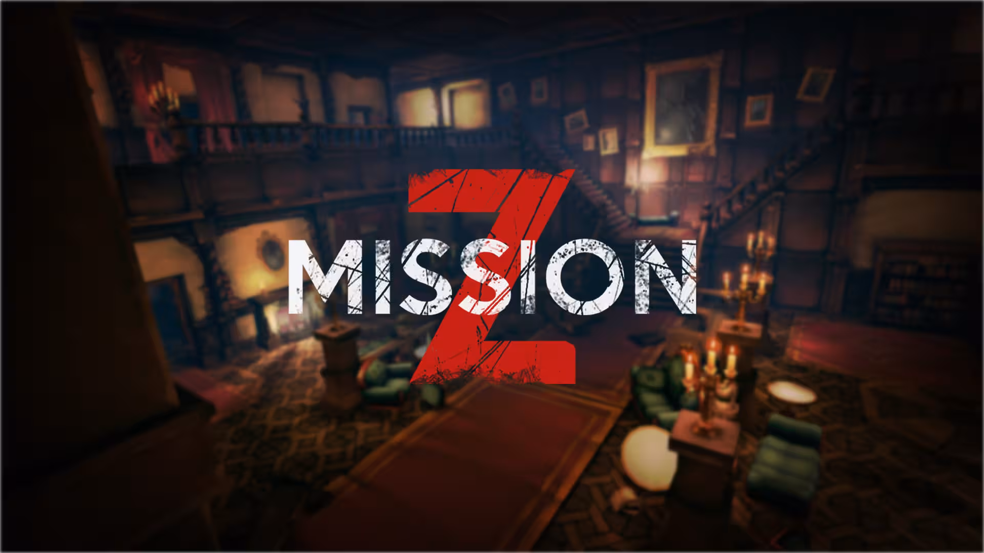 Mission Z haunted mansion lobby, immersive free roam escape room 30-minute team puzzle challenge experience