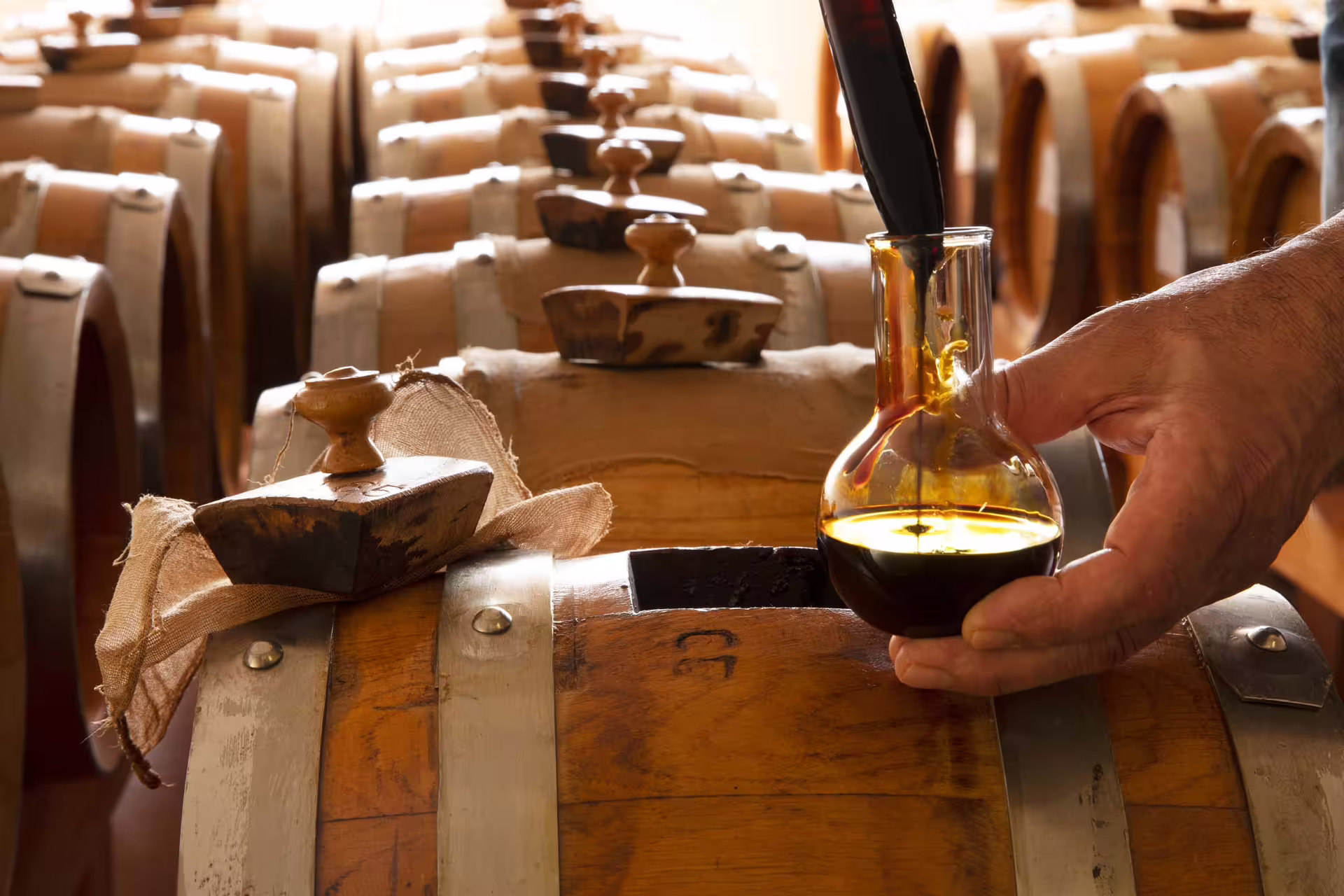 Traditional balsamic vinegar drawn from wooden barrels in Modena acetaia, cellar visit among hills and tasting