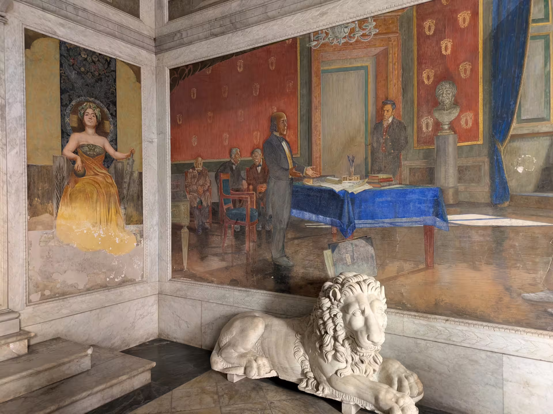 Historic Modena fresco depicting elegant scenes inside a grand marble hall, perfect for art and culture enthusiasts.