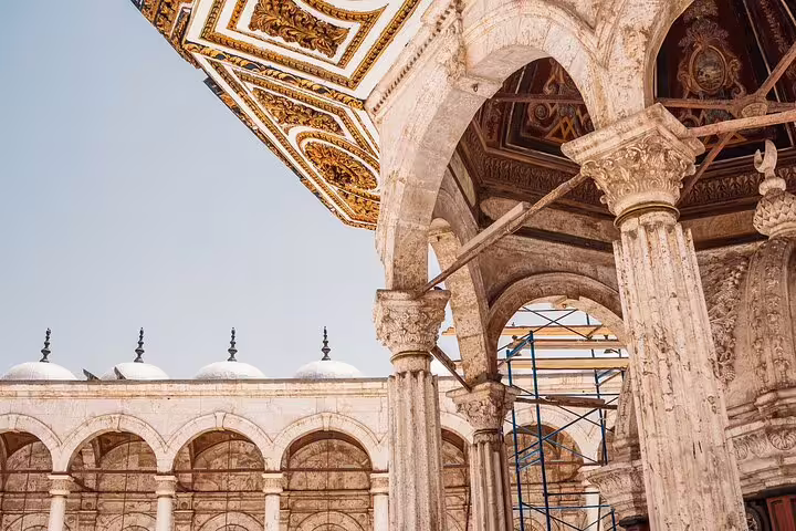 Ornate arches and columns inside Mohamed Ali Mosque in Cairo Citadel on a private guided tour
