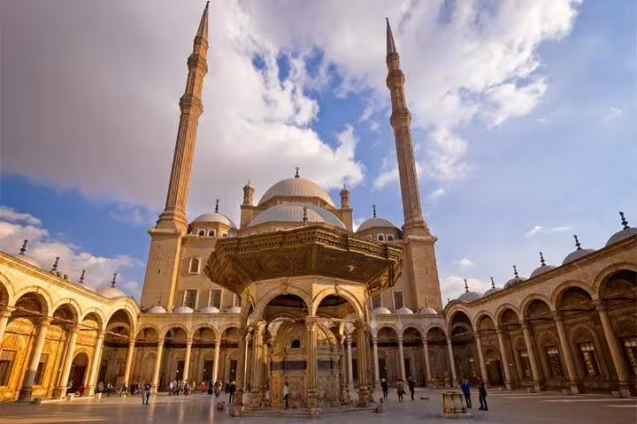 Mohamed Ali Mosque courtyard and minarets at Cairo Citadel, featured on Egyptian Museum and Nile dinner cruise tour