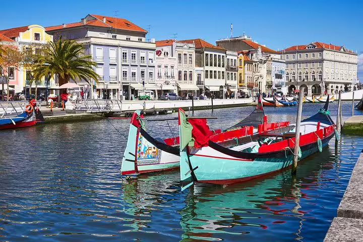 Colorful moliceiro boats docked on Aveiro canal with vibrant historic buildings in the background, perfect for a private tour.