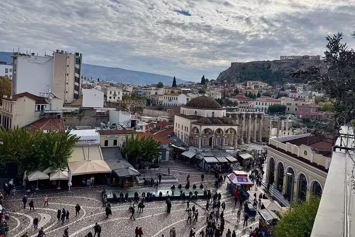 Monastiraki Square with Athens cityscape and Acropolis hill view, featured on a half-day private tour