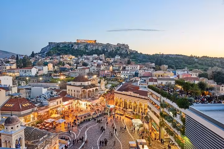 Monastiraki Square evening view with Acropolis hill, seen on Athens half-day private luxury tour route