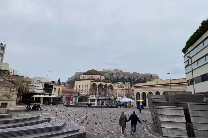 Monastiraki Square in Athens with Acropolis hill view, meeting point for private walking tour and skip-the-line entry