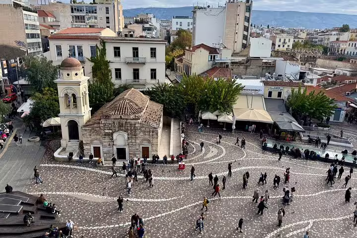Aerial view of Monastiraki Square and church, a stop on a 2-hour private express Athens highlights tour