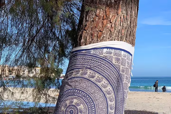 Colorful tapestry wrapped around a pine tree on Mondello Beach near Palermo, with turquoise sea and relaxed seaside promenade