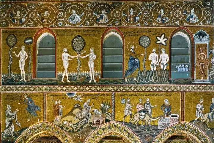 Golden Byzantine mosaics inside Monreale Cathedral, a highlight of the private Monreale, Bagheria and Cefalù tour from Palermo