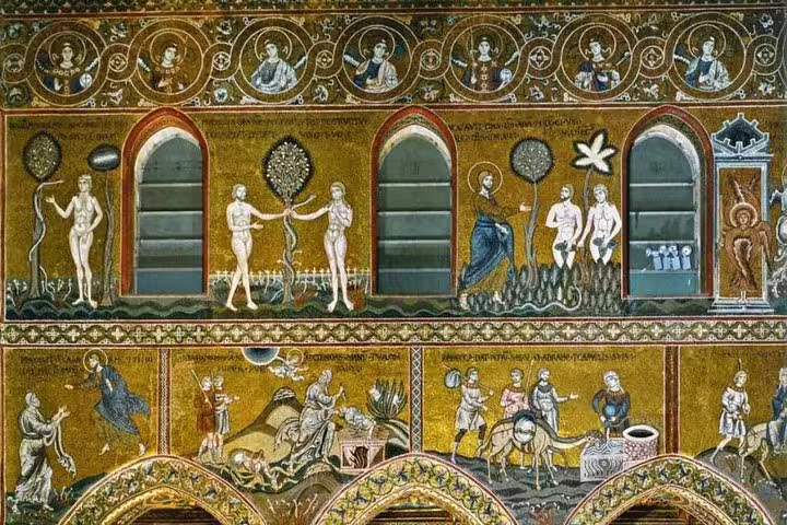 Golden Byzantine mosaics inside Monreale Cathedral near Palermo, visited on a guided private tour from the Sicilian capital