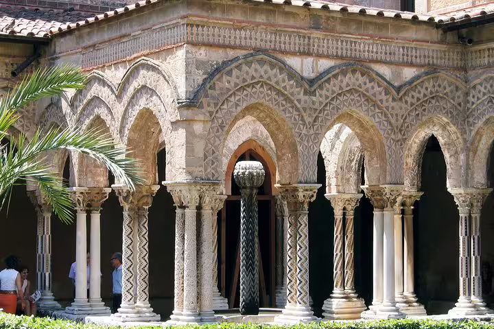 Detail of Monreale Cathedral cloister columns and arches visited on private tour from Palermo to Monreale and Cefalù