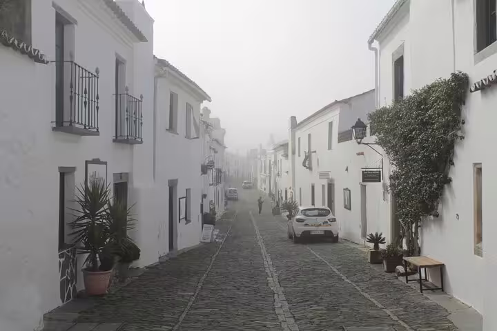 Charming cobblestone street in misty Monsaraz, Portugal, showcasing whitewashed houses on a private day tour to Évora and Monsaraz.