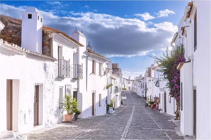 Charming Monsaraz street with whitewashed houses and cobblestone path under a bright blue sky on a private walking tour.