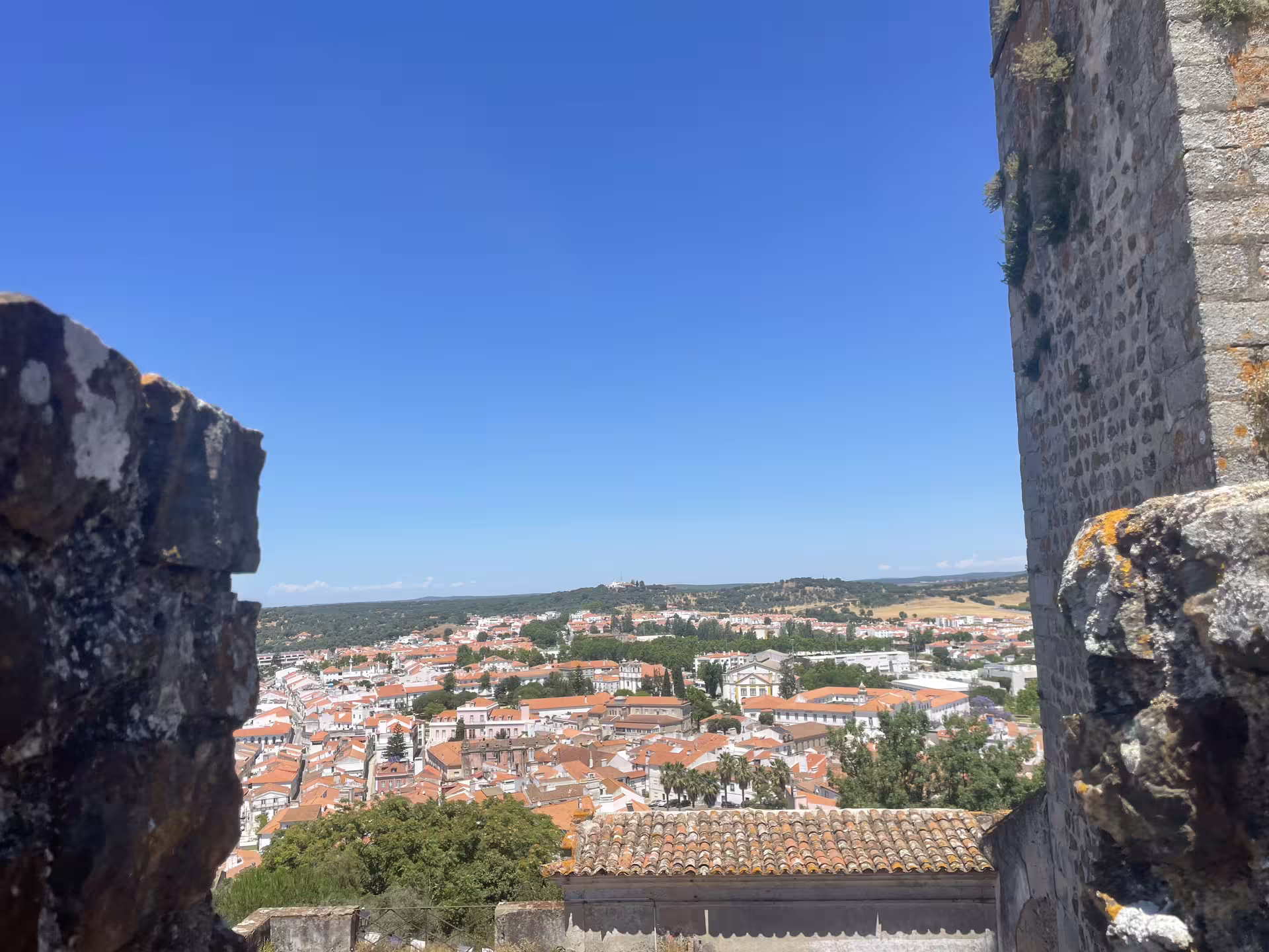 Scenic view of Montemor-o-Novo from the castle, showcasing red-roofed houses and lush landscape under a clear blue sky.