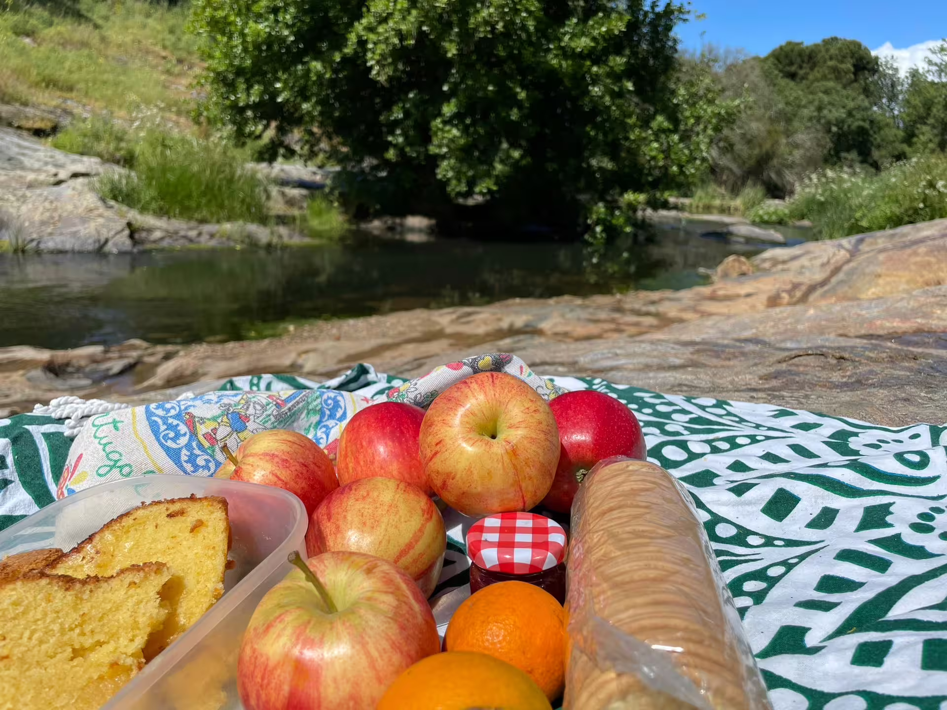Picnic spread with apples, oranges, and cake by a serene stream in Montemor-o-Novo during a guided hiking tour.