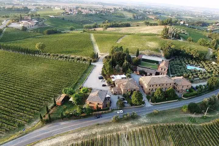 Aerial view of Montepulciano winery and Tuscan vineyards, Siena and wine tasting tour from Florence