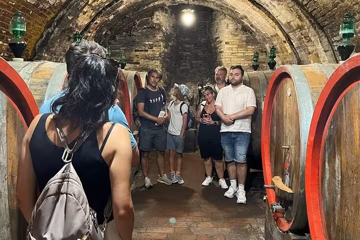 Group of tourists exploring a rustic wine cellar with large barrels on a guided tour in Montepulciano, Tuscany.