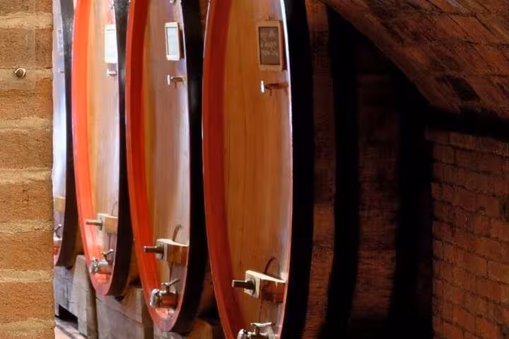 Botti di vino in cantina a Montepulciano per degustazione Vino Nobile, tour Siena e Toscana da Firenze