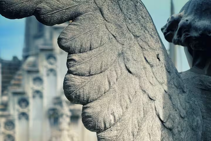 Close-up of a detailed angel wing sculpture at Montjuïc Cemetery, showcasing intricate artistry on the walking tour.