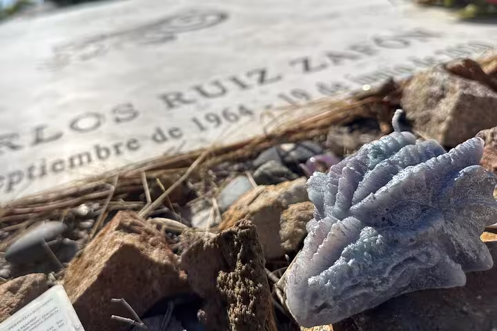 Gravestone with seashell and rocks in Montjuïc Cemetery, offering a glimpse of the hidden art and personal touches.