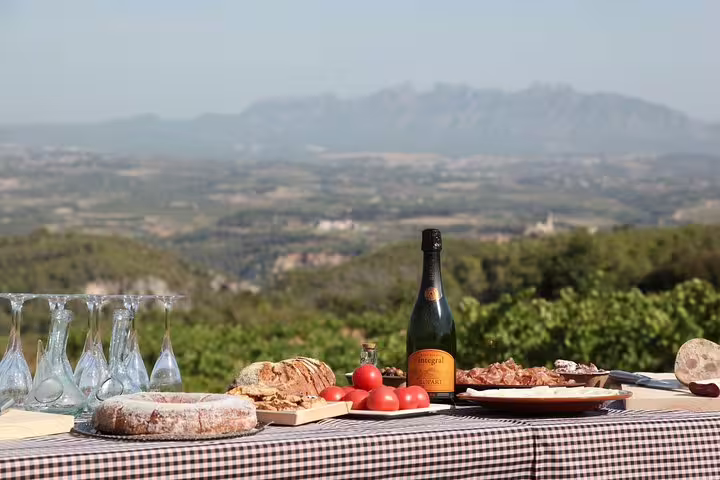 Scenic Montserrat lunch spread with wine, fresh bread, and tomatoes in Penedes vineyard setting, ideal for private tours.