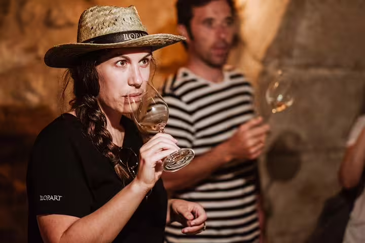 A woman enjoys a wine tasting experience at a Penedes winery, part of the Montserrat Private Tour with lunch and local wines.