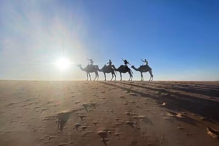 Travelers riding camels against a stunning sunset in the Sahara Desert during a Morocco group tour from Fes to Marrakech.