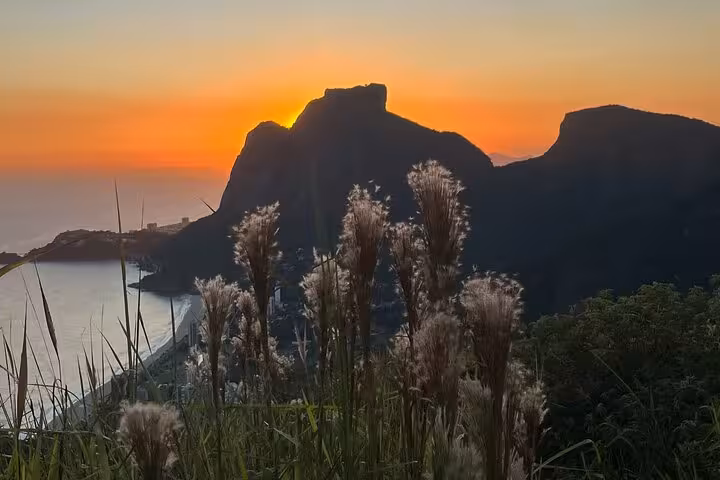 Sunset view from Vidigal with silhouetted peaks and grasses framing Rio's breathtaking landscape, ideal for hikers.