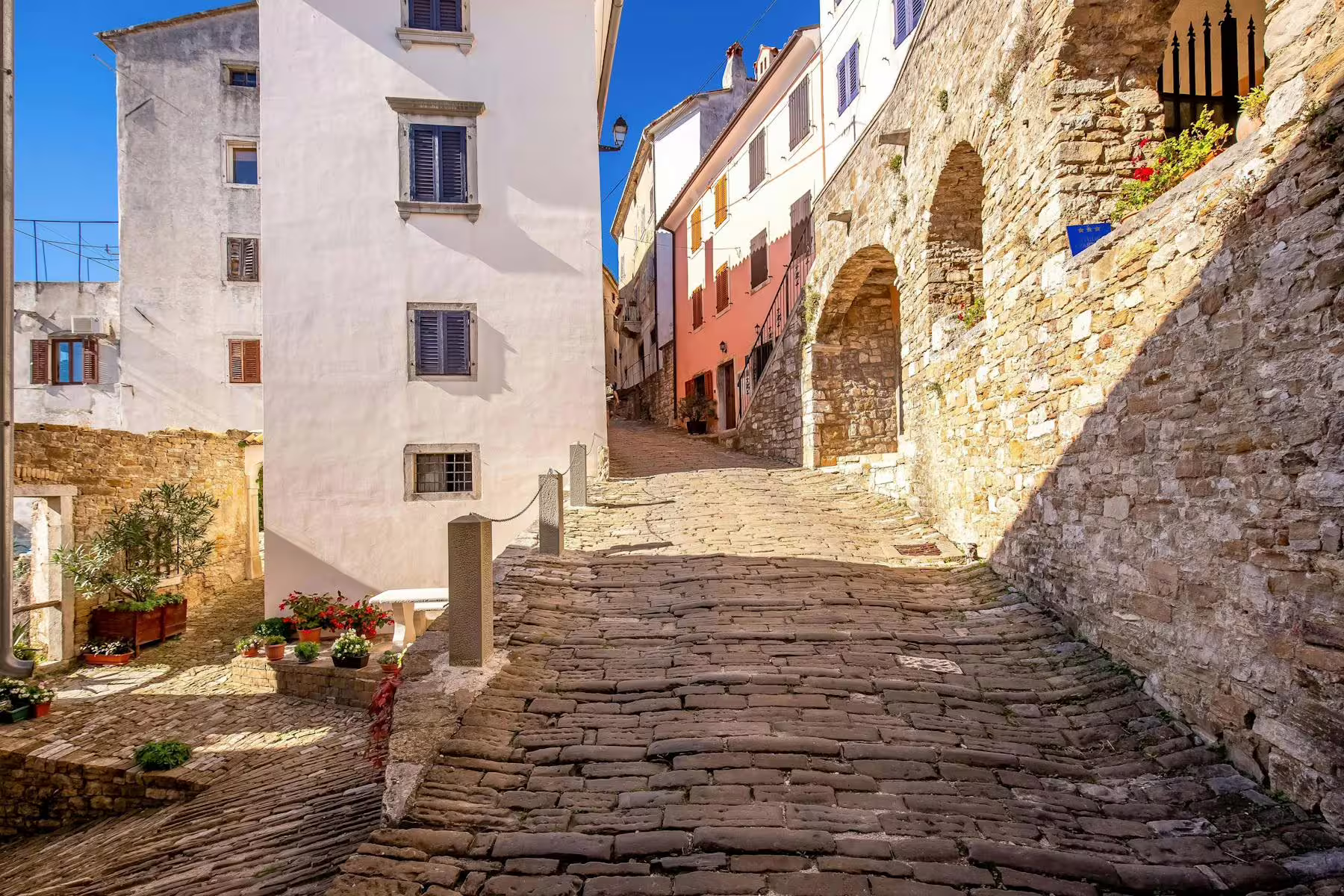 Cobblestone alley in Motovun old town, Istria, on a half-day tour with truffle and brandy tasting